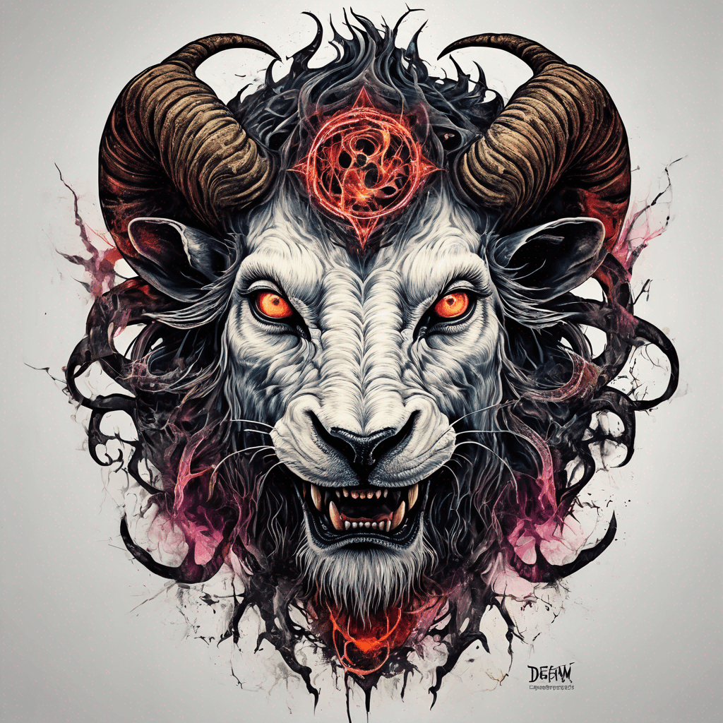 fierce goat-lion demon face, snarling maw, twisted goat horns, glowing eyes, occult sigils, cracked skin, neo-traditional blackwork, bold lines