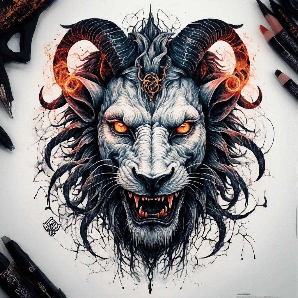fierce goat-lion demon face, snarling maw, twisted goat horns, glowing eyes, occult sigils, cracked skin, neo-traditional blackwork, bold lines