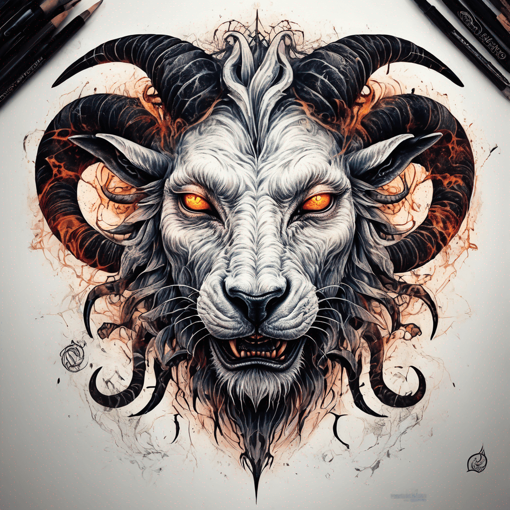 fierce goat-lion demon face, snarling maw, twisted goat horns, glowing eyes, occult sigils, cracked skin, neo-traditional blackwork, bold lines