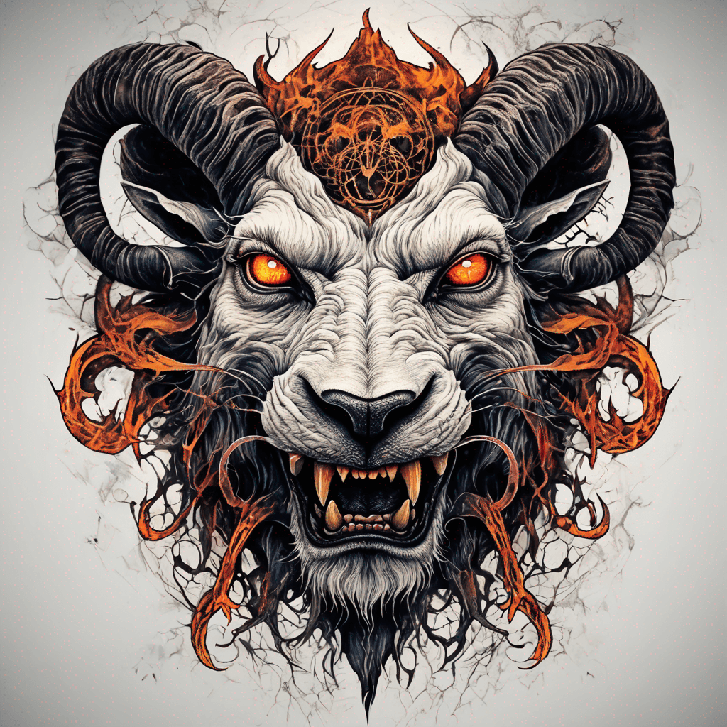 fierce goat-lion demon face, snarling maw, twisted goat horns, glowing eyes, occult sigils, cracked skin, neo-traditional blackwork, bold lines