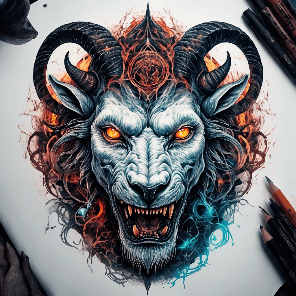 fierce goat-lion demon face, snarling maw, twisted goat horns, glowing eyes, occult sigils, cracked skin, neo-traditional blackwork, bold lines