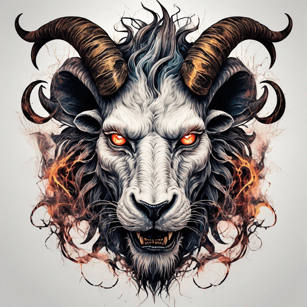 fierce goat-lion demon face, snarling maw, twisted goat horns, glowing eyes, occult sigils, cracked skin, neo-traditional blackwork, bold lines