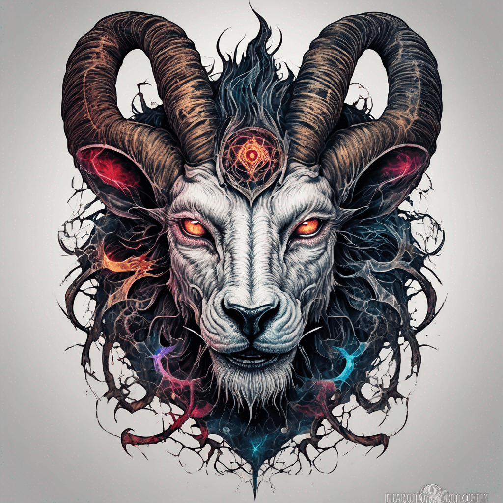 fierce goat-lion demon face, snarling maw, twisted goat horns, glowing eyes, occult sigils, cracked skin, neo-traditional blackwork, bold lines