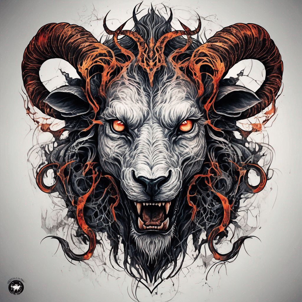 fierce goat-lion demon face, snarling maw, twisted goat horns, glowing eyes, occult sigils, cracked skin, neo-traditional blackwork, bold lines