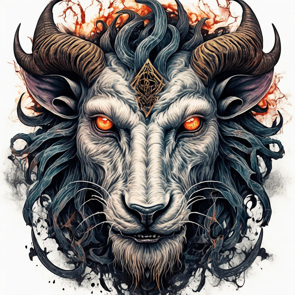 fierce goat-lion demon face, snarling maw, twisted goat horns, glowing eyes, occult sigils, cracked skin, neo-traditional blackwork, bold lines