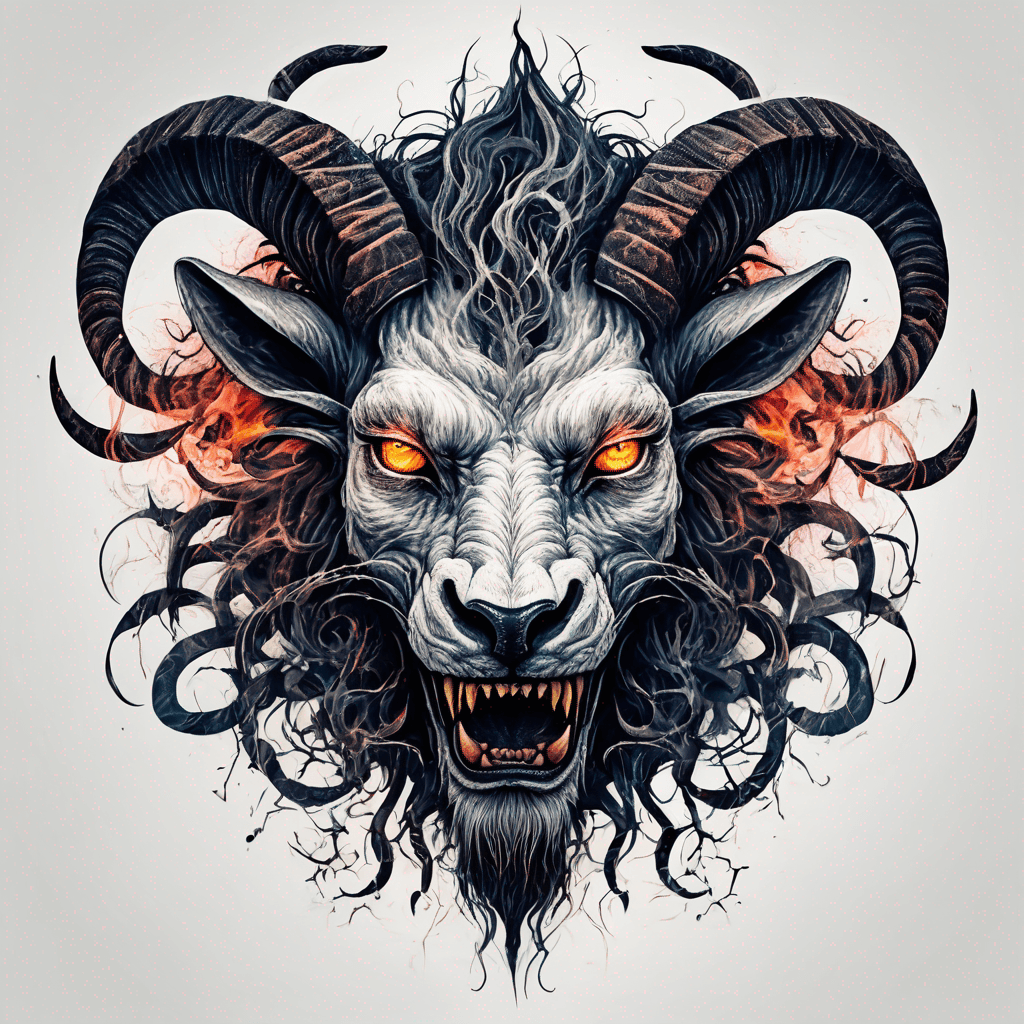 fierce goat-lion demon face, snarling maw, twisted goat horns, glowing eyes, occult sigils, cracked skin, neo-traditional blackwork, bold lines