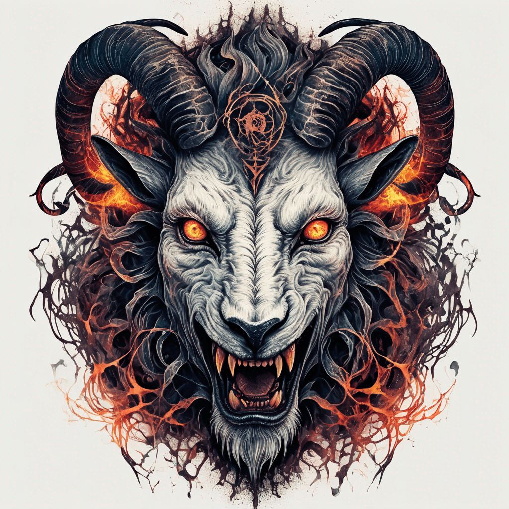 fierce goat-lion demon face, snarling maw, twisted goat horns, glowing eyes, occult sigils, cracked skin, neo-traditional blackwork, bold lines