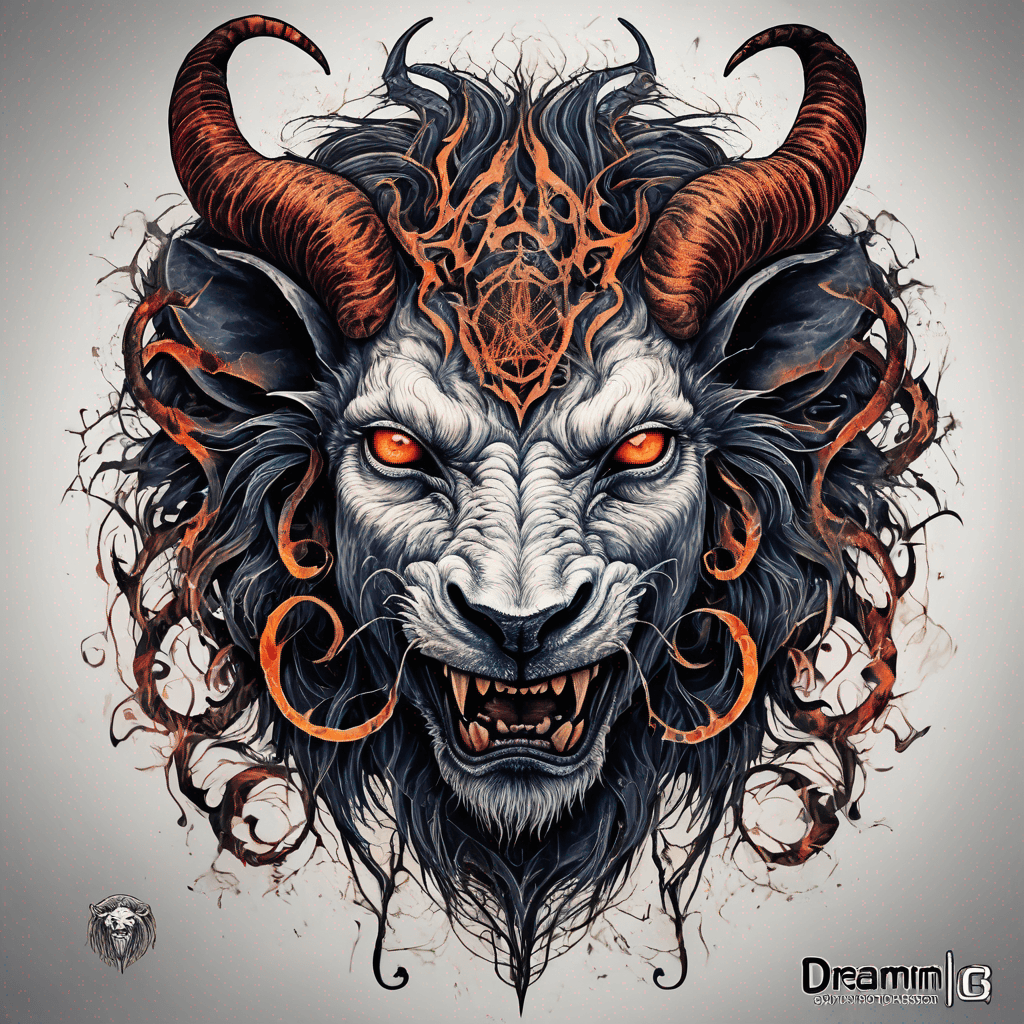 fierce goat-lion demon face, snarling maw, twisted goat horns, glowing eyes, occult sigils, cracked skin, neo-traditional blackwork, bold lines