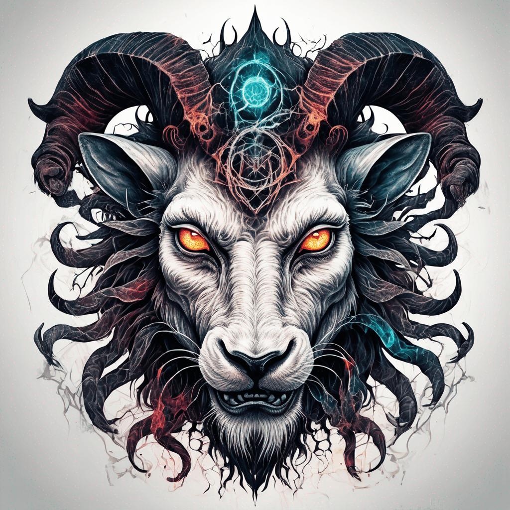 fierce goat-lion demon face, snarling maw, twisted goat horns, glowing eyes, occult sigils, cracked skin, neo-traditional blackwork, bold lines