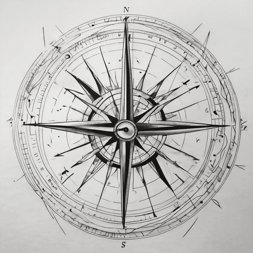 Minimalist abstract compass tattoo, fine linework blackwork style. The compass dial is made only of clock tick marks, no solid circle. On the upper right side the dial breaks open and dissolves: tick marks drift away and turn into small dots flowing outward. A slim elegant compass needle ignores the north mark and points through the opening toward three four-pointed stars of different sizes, surrounded by subtle dotwork. Minimal thin wind rose at the center. Small letter "N" at the top, deliberately ignored by the needle. Black ink only, white background, clean lines, tattoo stencil style.