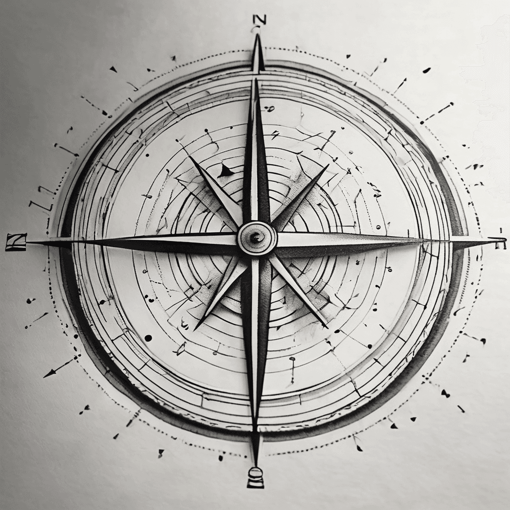 Minimalist abstract compass tattoo, fine linework blackwork style. The compass dial is made only of clock tick marks, no solid circle. On the upper right side the dial breaks open and dissolves: tick marks drift away and turn into small dots flowing outward. A slim elegant compass needle ignores the north mark and points through the opening toward three four-pointed stars of different sizes, surrounded by subtle dotwork. Minimal thin wind rose at the center. Small letter "N" at the top, deliberately ignored by the needle. Black ink only, white background, clean lines, tattoo stencil style.