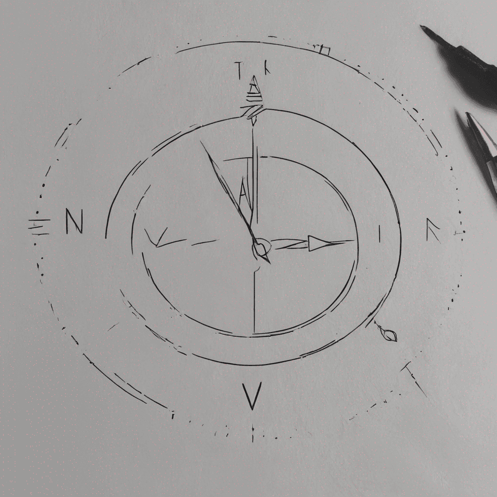 Minimalist abstract compass tattoo, fine linework blackwork style. The compass dial is made only of clock tick marks, no solid circle. On the upper right side the dial breaks open and dissolves: tick marks drift away and turn into small dots flowing outward. A slim elegant compass needle ignores the north mark and points through the opening toward three four-pointed stars of different sizes, surrounded by subtle dotwork. Minimal thin wind rose at the center. Small letter "N" at the top, deliberately ignored by the needle. Black ink only, white background, clean lines, tattoo stencil style.