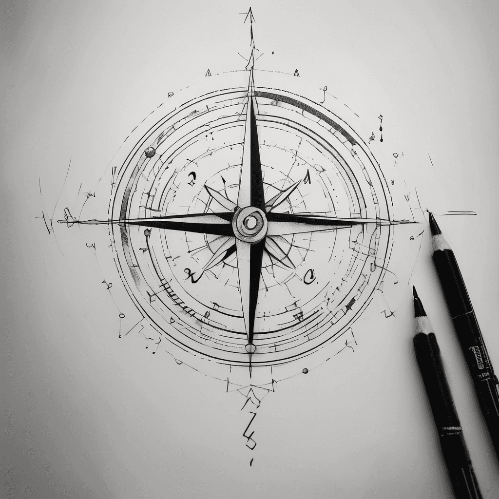 Minimalist abstract compass tattoo, fine linework blackwork style. The compass dial is made only of clock tick marks, no solid circle. On the upper right side the dial breaks open and dissolves: tick marks drift away and turn into small dots flowing outward. A slim elegant compass needle ignores the north mark and points through the opening toward three four-pointed stars of different sizes, surrounded by subtle dotwork. Minimal thin wind rose at the center. Small letter "N" at the top, deliberately ignored by the needle. Black ink only, white background, clean lines, tattoo stencil style.