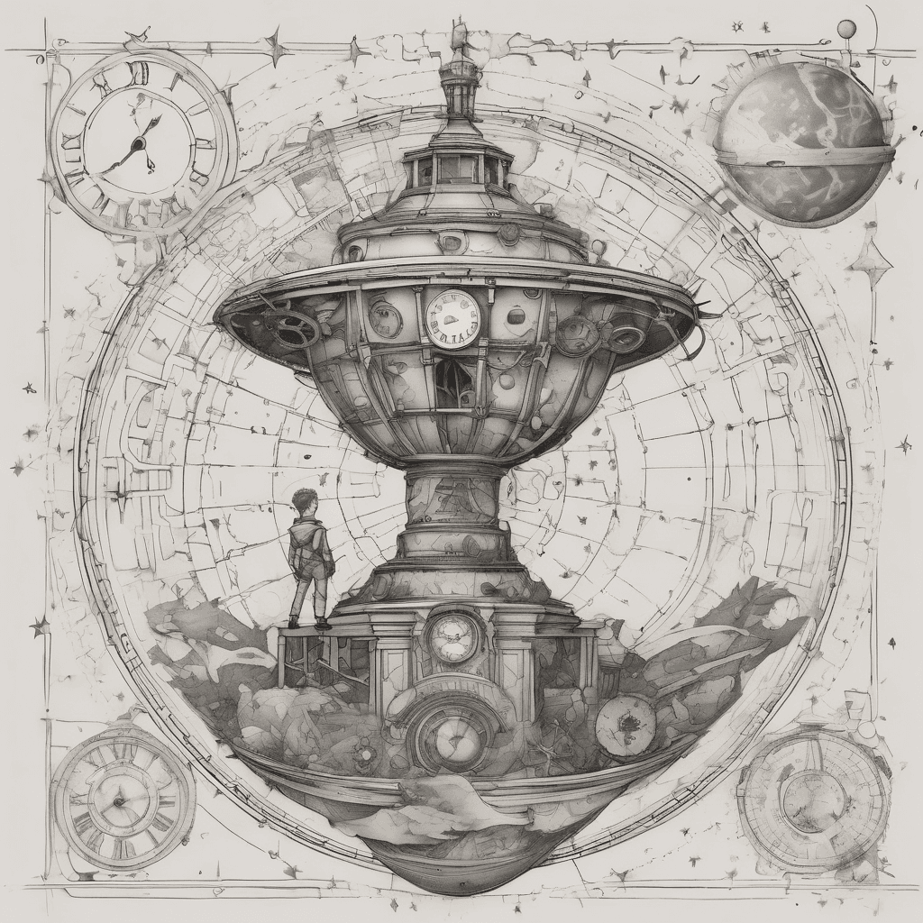 The Little Prince standing on a small planet whose surface is a vintage clock face with roman numerals and exposed gears, looking up at two bright four-pointed stars of different sizes. A compass needle rises from the planet pointing toward the stars, ignoring north. Dotted orbit lines around the planet like travel routes. Fine linework blackwork tattoo, dotwork sky, black ink only, white background, stencil style, no shading, no color.