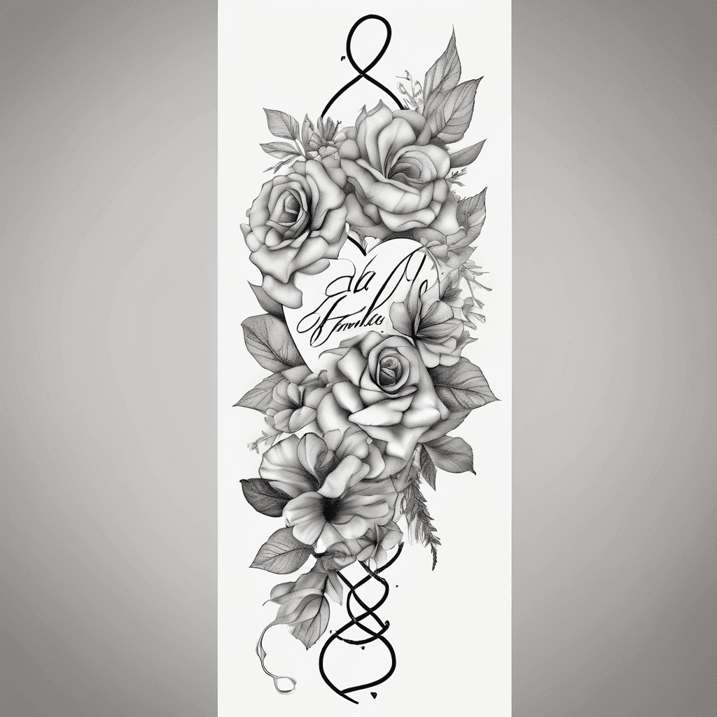 Feminine forearm options: delicate script 'La famiglia è tutto', infinity+JGL merged into EKG heartbeat line, fine-line, minimal, subtle florals.