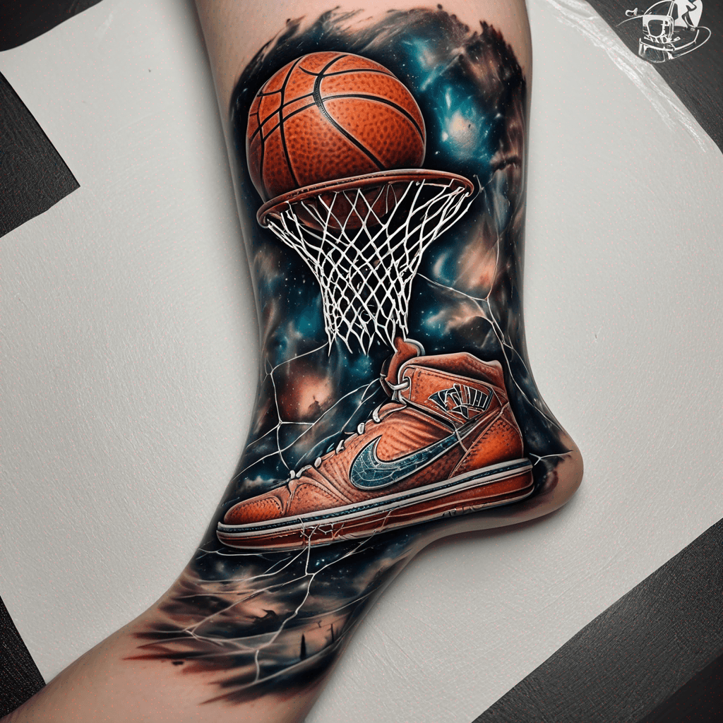 A tattoo partially over an Achilles tendon surgery scar. A basketball net, view from the side, where the bottom half of the basketball net was cut vertically and the the loose ends were tied together. The tied should then be right over the scar