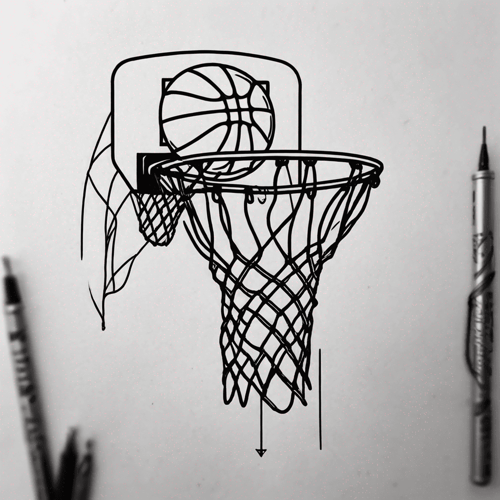 A tattoo partially over an Achilles tendon surgery scar. A basketball net, view from the side, where the bottom half of the basketball net was cut vertically and the the loose ends were tied together. The tied should then be right over the scar. Style should be pointillism, like Ilya Brezinski.