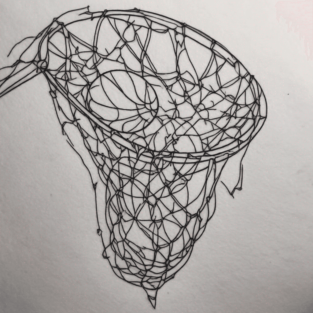 A tattoo partially over an Achilles tendon surgery scar. A basketball net, just the rim and the net, view from the front, where the bottom half of the basketball net was cut vertically and then the loose ends are tied together. The ties should then be right over the scar. Style should be pointillism, like Ilya Brezinski.