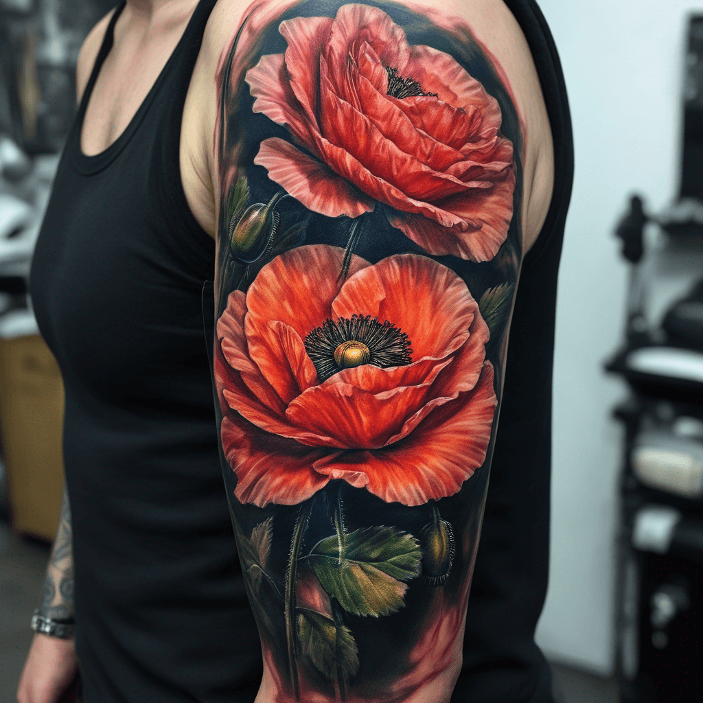 A full arm sleeve containing a Rose, a Poppy and something relevant to King Arthur