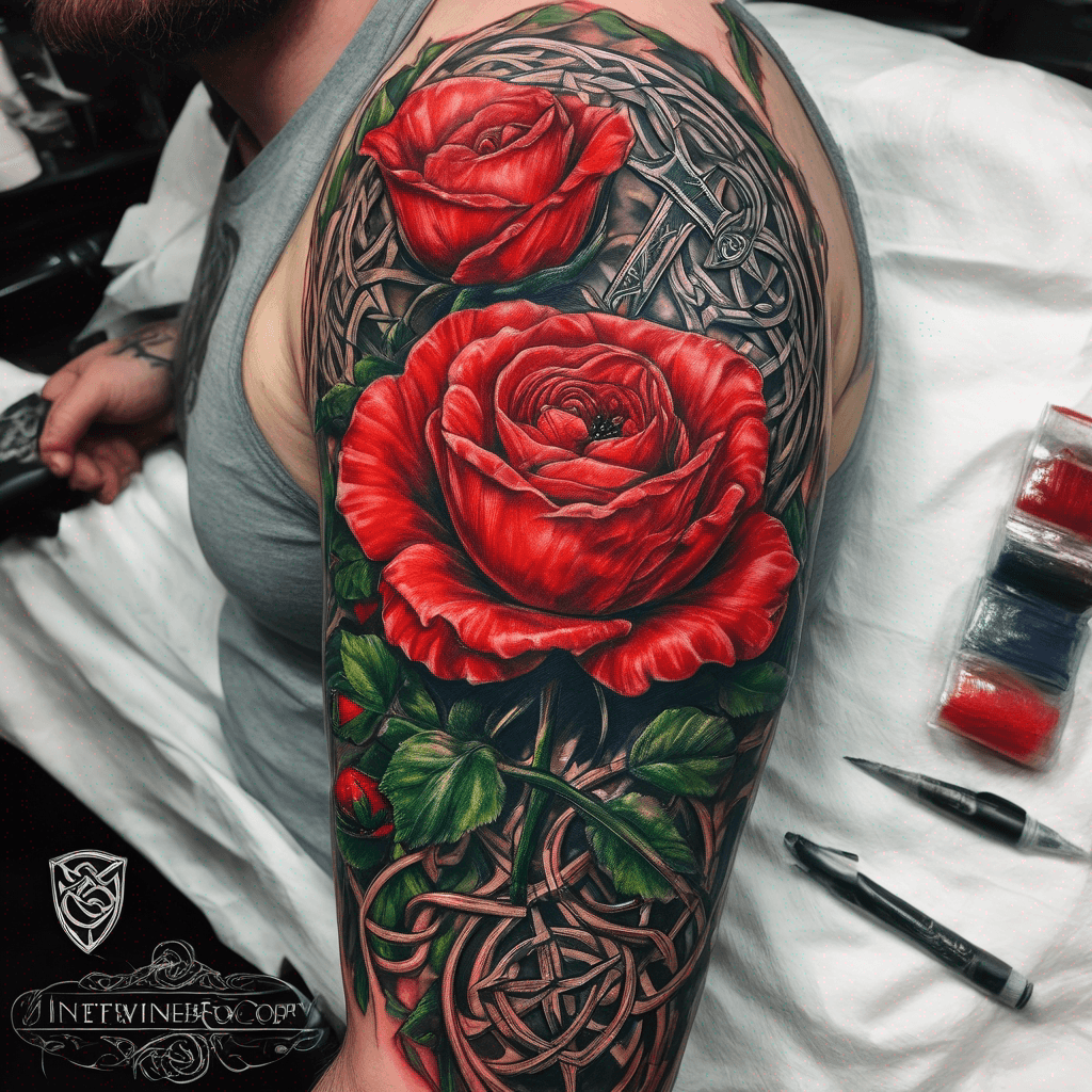 Full-sleeve: intertwining red rose and scarlet poppy with Excalibur, Celtic knotwork, knight's heraldry, flowing vines; neo-traditional, rich color