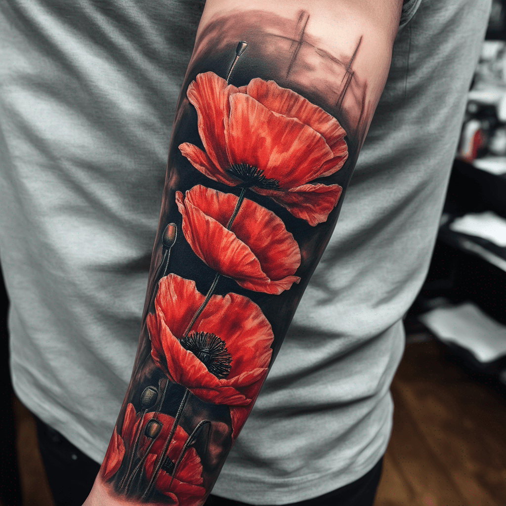An arm sleeve: including a Poppy, a Rose and Excalibur