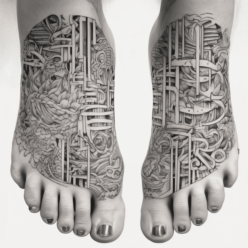 an all text tattoo.
create a fine vertical "In the beginning" text that goes down the top of the foot