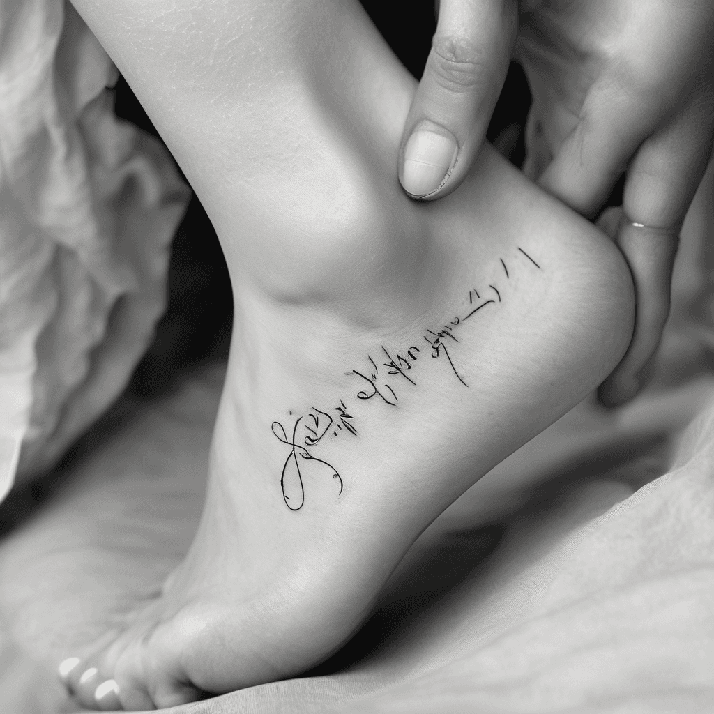 "An elegant, ultra-fine-line feminine script tattoo on the top slope of a woman's foot. The cursive text reads 'in the beginning'. Below the phrase, it cleanly lists 'Gen 1:1' and 'John 1:1' in tiny, minimalist block text. Minimalist, delicate, crisp lines, white background mockup."