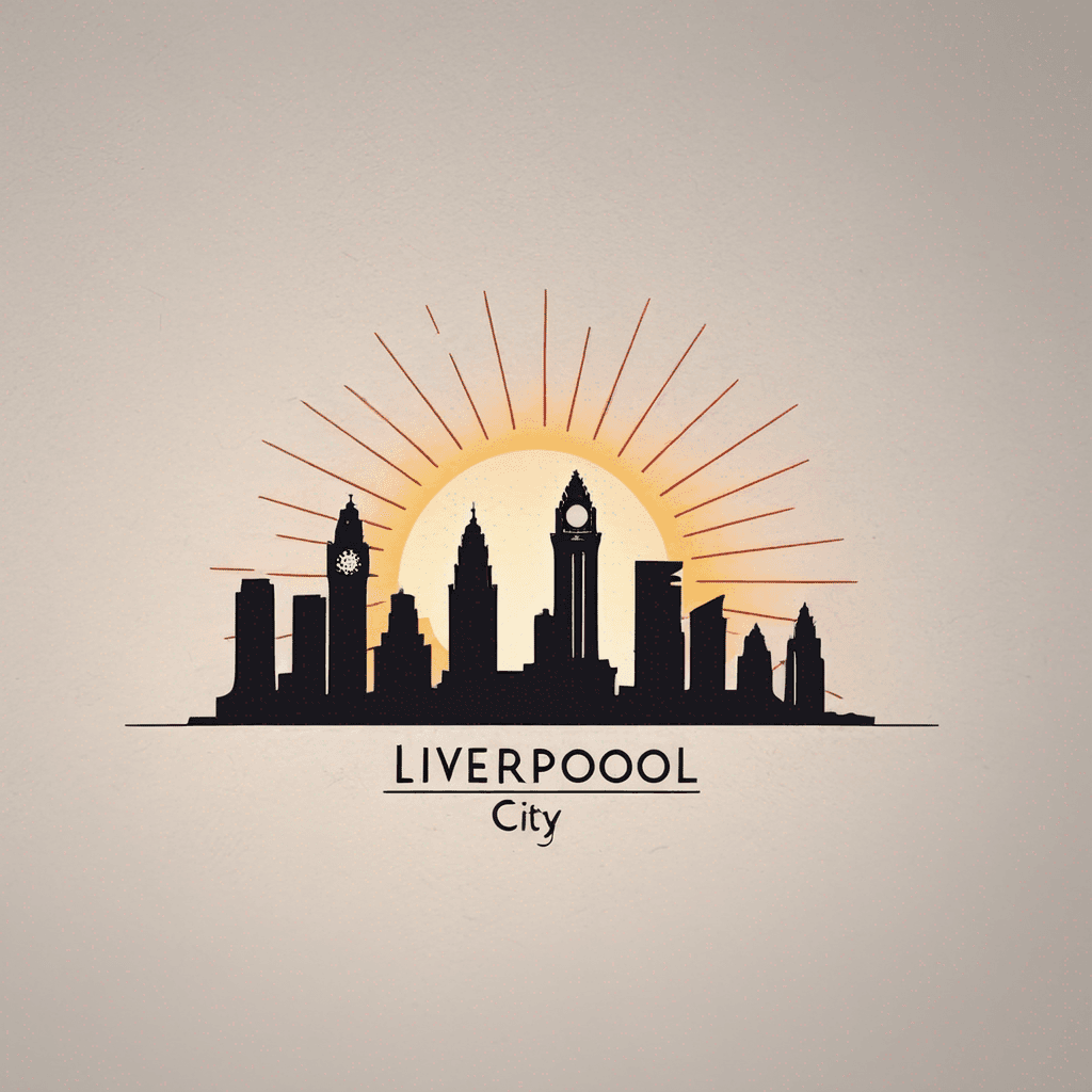 Liverpool city skyline silhouette with sunset sunrays shining down