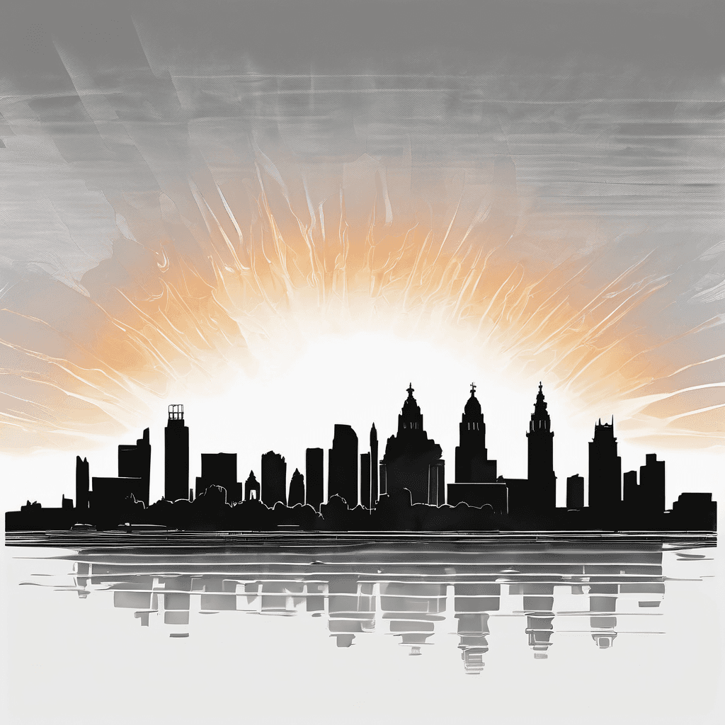 Liverpool (England) city skyline silhouette with sunset sunrays shining down.