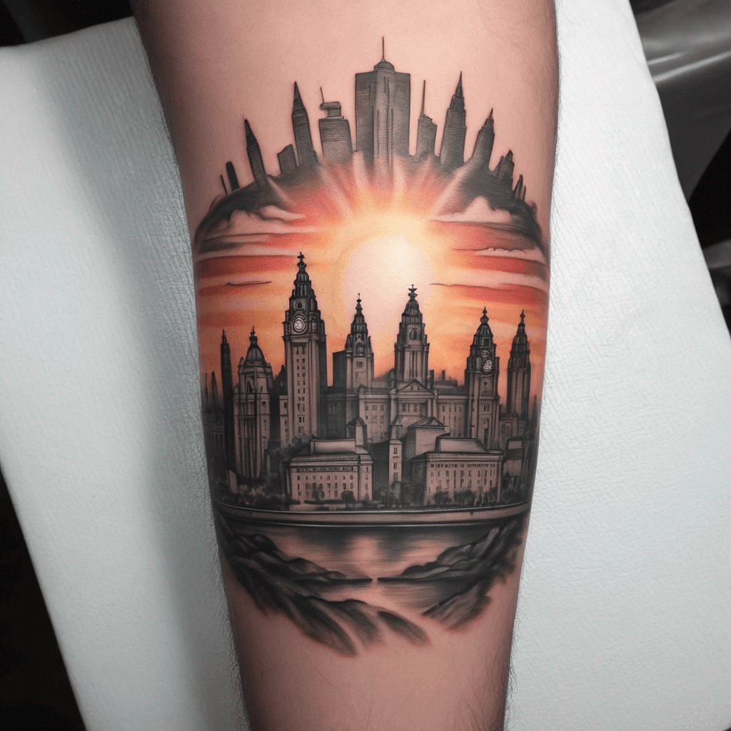 Liverpool (England) city skyline silhouette with sunset sunrays shining down.