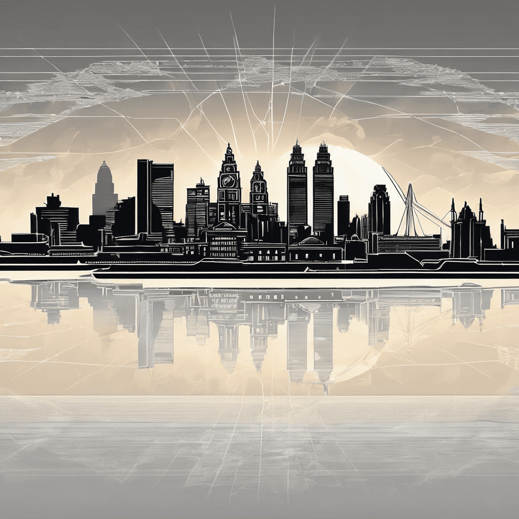 Liverpool (England) city skyline silhouette with sunset sunrays shining down.