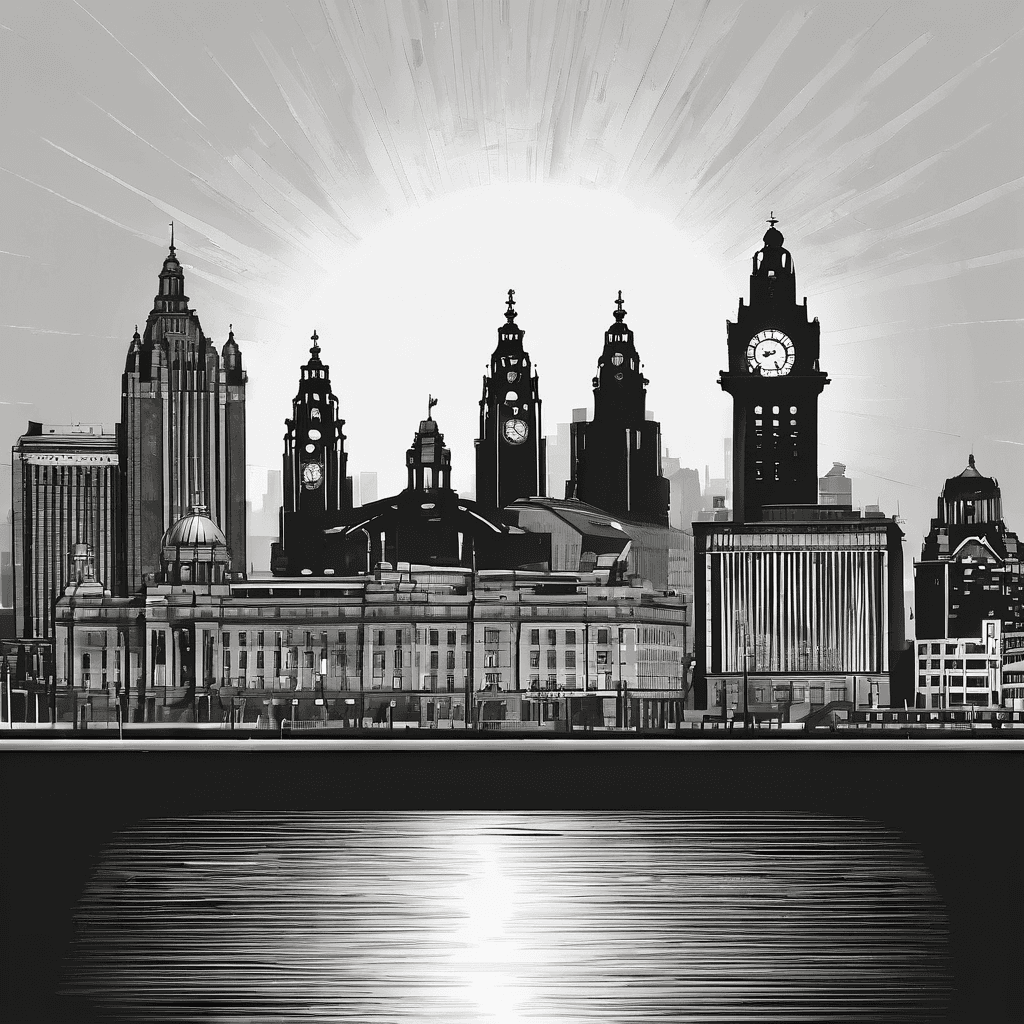 Liverpool (England) city skyline silhouette with sunset sunrays shining down.