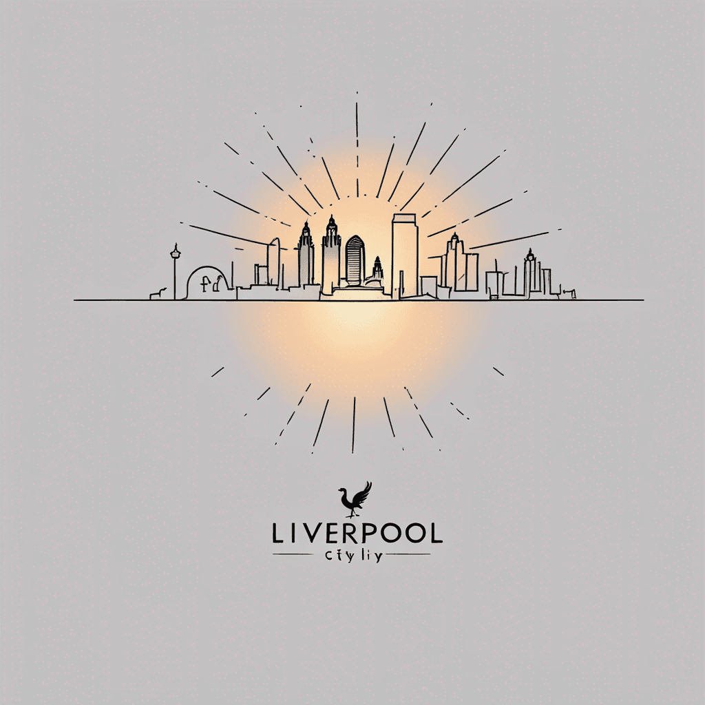 Liverpool (England) city skyline silhouette with sunset sunrays shining down.