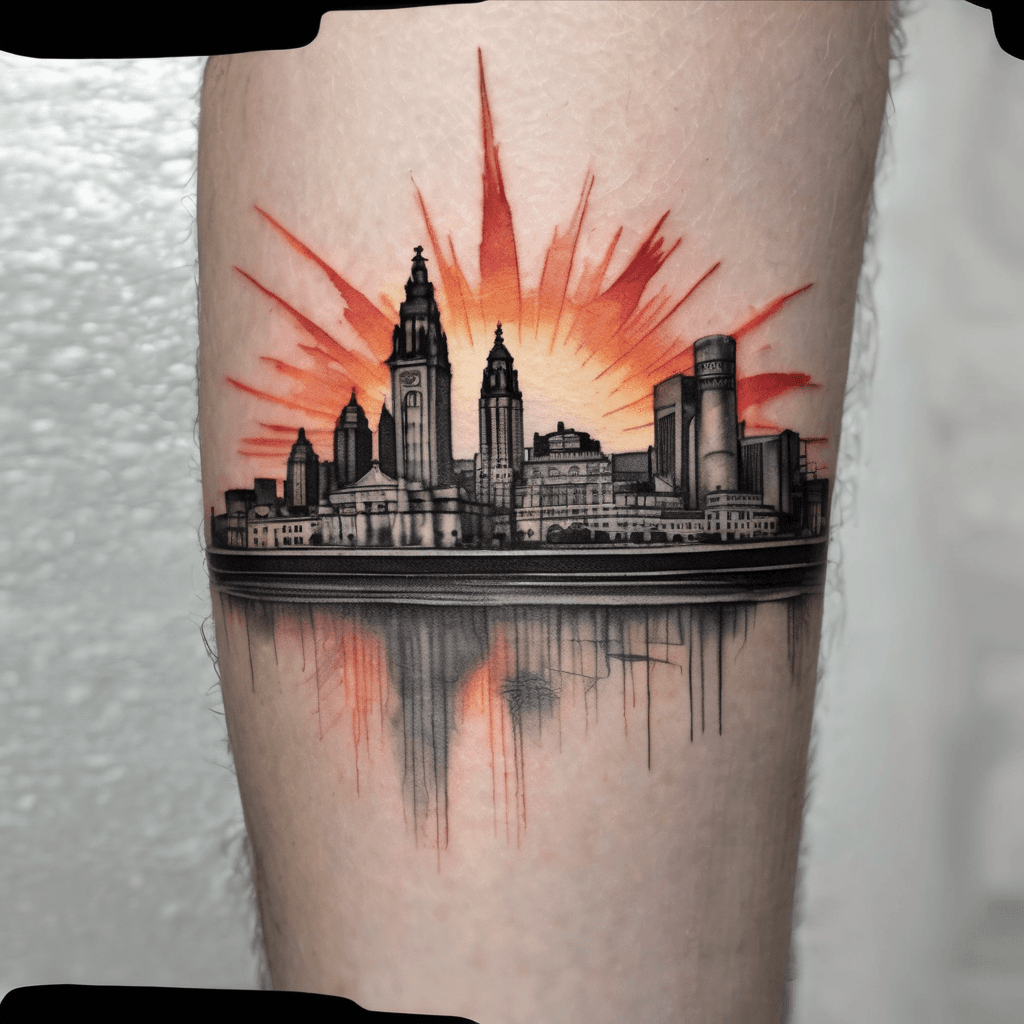 Liverpool (England) city skyline silhouette with sunset coloured sunrays shining down. Tattoo located on upper arm.