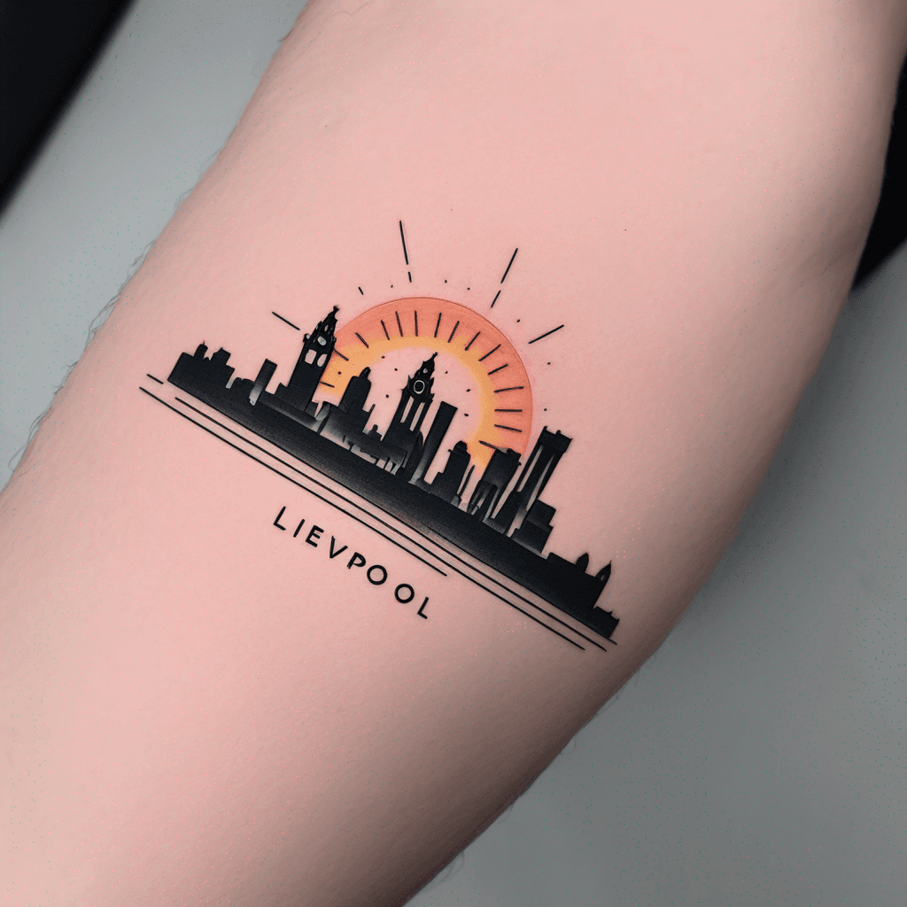 Liverpool (England) city skyline silhouette with sunset coloured sunrays shining down. Tattoo located on upper arm.