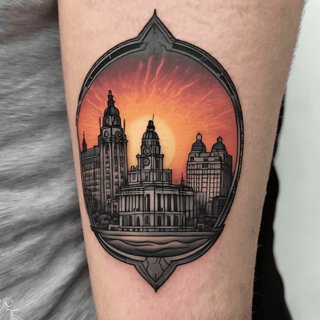 Liverpool (England) city skyline silhouette with sunset coloured sunrays shining down. Tattoo located on upper arm.