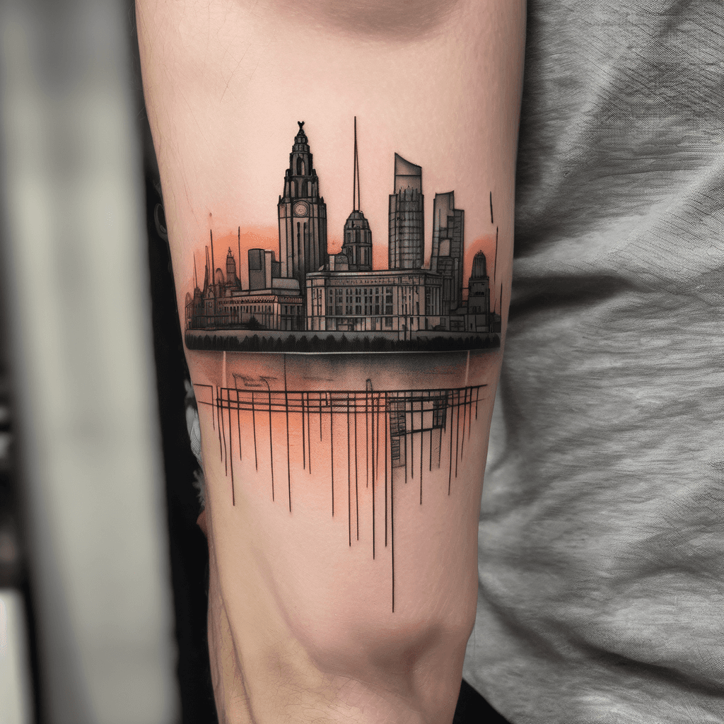 Liverpool (England) city skyline silhouette with sunset coloured sunrays shining down. Tattoo located on upper arm.