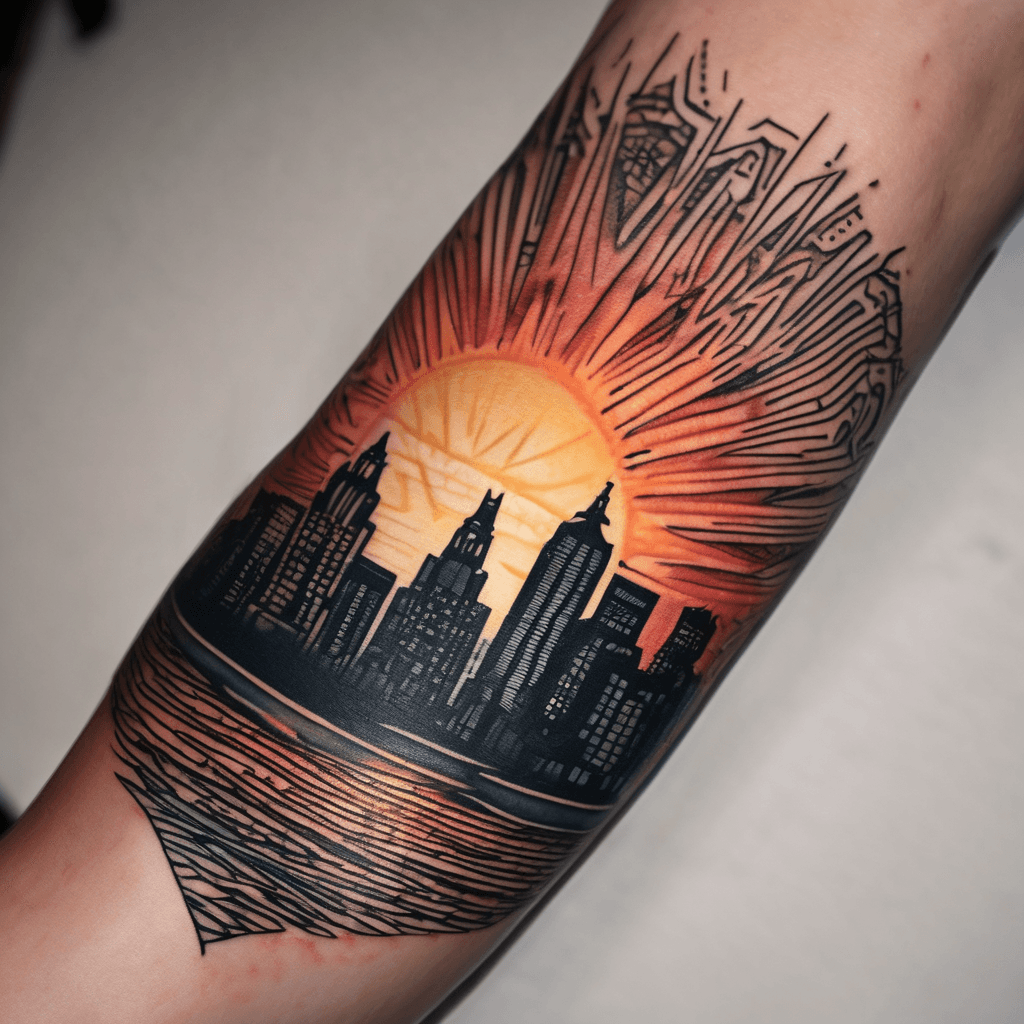 Liverpool (England) city skyline silhouette with sunset coloured sunrays shining down. Tattoo located on upper arm.