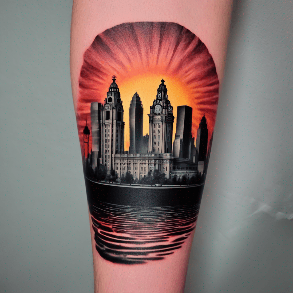 Liverpool (England) city skyline silhouette with sunset coloured sunrays shining down. Tattoo located on upper arm.