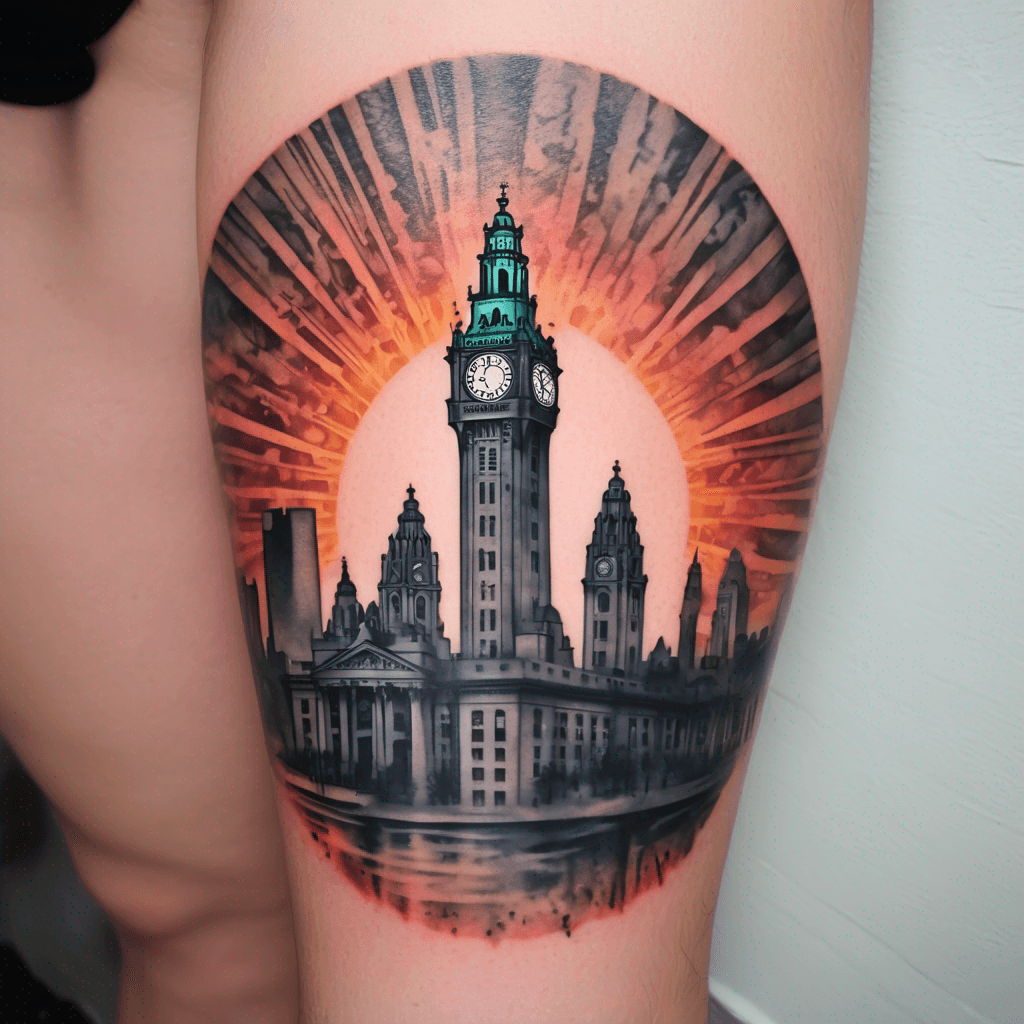 Liverpool (England) city skyline silhouette with sunset coloured sunrays shining down. Tattoo located on upper arm. Blend edge of sunset into skin.