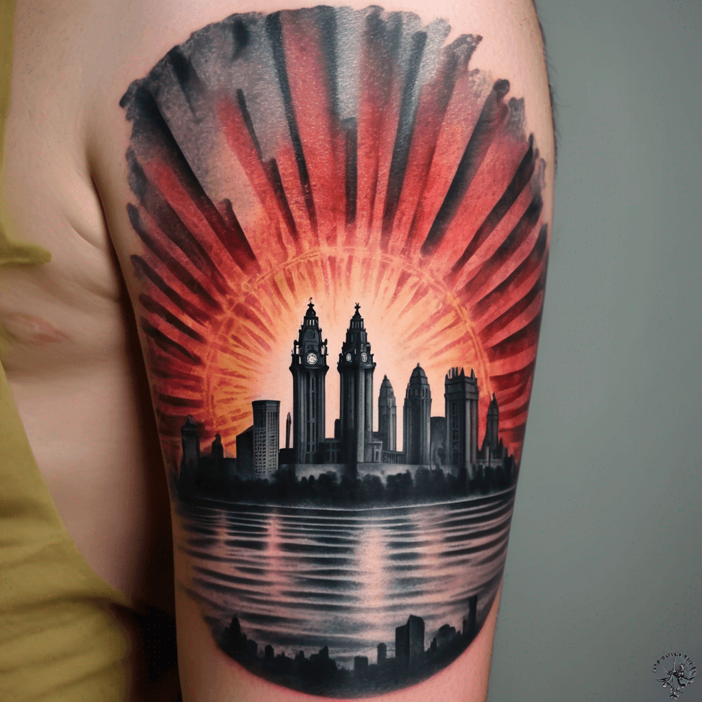 Liverpool (England) city skyline silhouette with sunset coloured sunrays shining down. Tattoo located on upper arm. Soft blend edge of sunset into skin.