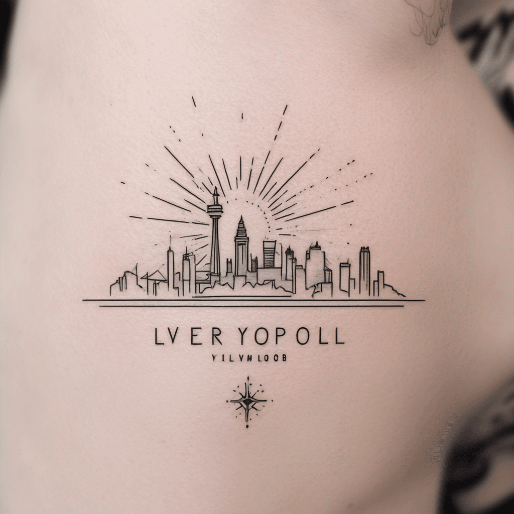 Liverpool (England) city skyline silhouette with sunset coloured sunrays shining down. Tattoo located on upper arm. Soft blend edge of sunset into skin. Soft, tonal colours in sunset.