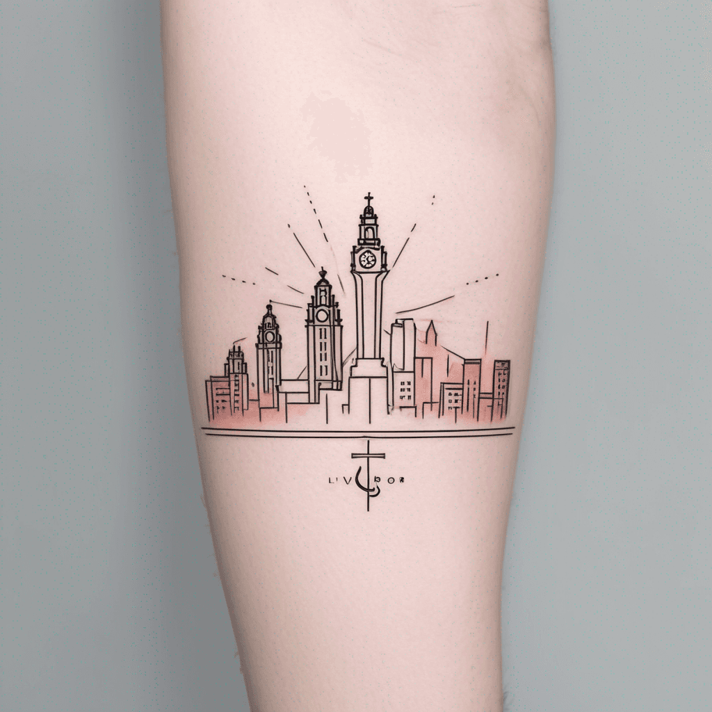 Liverpool (England) city skyline silhouette with sunset coloured sunrays shining down. Tattoo located on upper arm. Soft blend edge of sunset into skin. Soft, tonal colours in sunset. Include the cross-cross steel balustrades of Goodison Park along the bottom