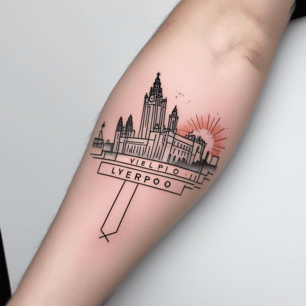 Liverpool (England) city skyline silhouette with sunset coloured sunrays shining down. Tattoo located on upper arm. Soft blend edge of sunset into skin. Soft, tonal colours in sunset. Include the cross-cross steel balustrades of Goodison Park (design by Archibald Leitch) underneath the skyline.