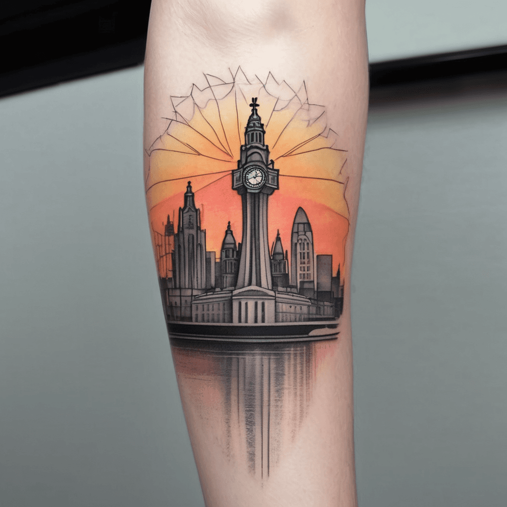 Liverpool (England) city skyline silhouette with sunset coloured sunrays shining down. Tattoo located on upper arm. Soft blend edge of sunset into skin. Soft, tonal colours in sunset. Include the cross-cross steel balustrades of Goodison Park (design by Archibald Leitch) underneath the skyline.