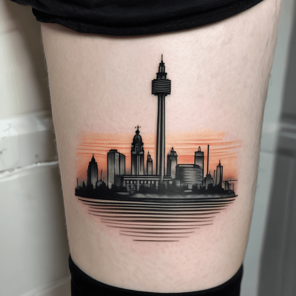 Minimalist Liverpool (England) city skyline silhouette with sunset coloured sunrays shining down. Tattoo located on upper arm. Soft blend edge of sunset into skin. Soft, tonal colours in sunset. Include the cross-cross steel balustrades of Goodison Park (design by Archibald Leitch) underneath the skyline.