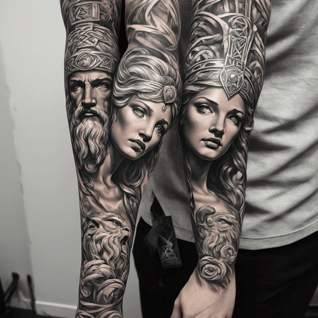 full arm sleeve with zeus and Hera mixed with Celtic and greek patterns