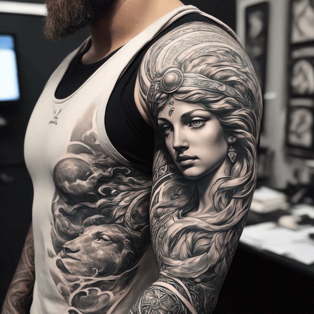 full arm sleeve based on the Jupiter and Thetis painting mixed with greek ornamental patterns
