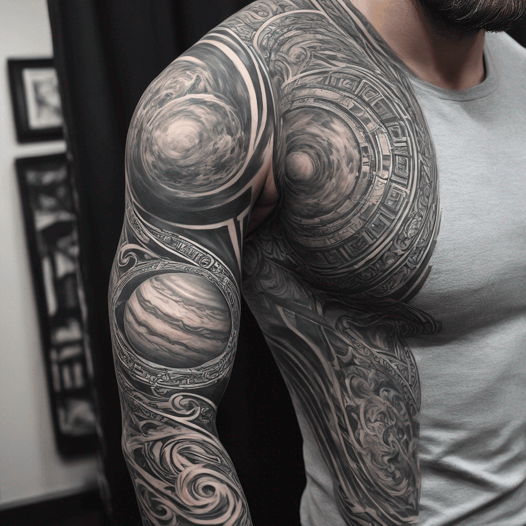 full arm sleeve based on the Jupiter painting mixed with greek ornamental patterns