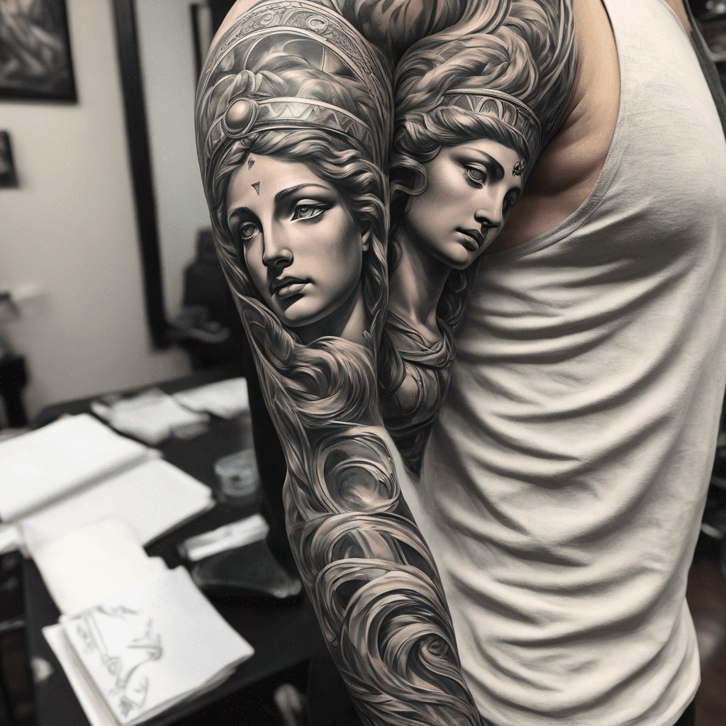 full arm sleeve of Jupiter and Thetis painting
with greek ornamental patterns